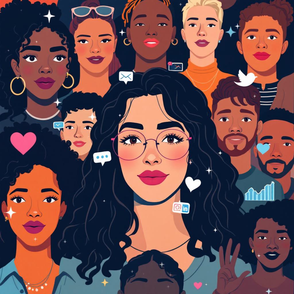 Close-up illustration of micro-influencers with brand collaboration icons, charts, and social metrics. Diverse faces and a clean vector style. Image created with AI.