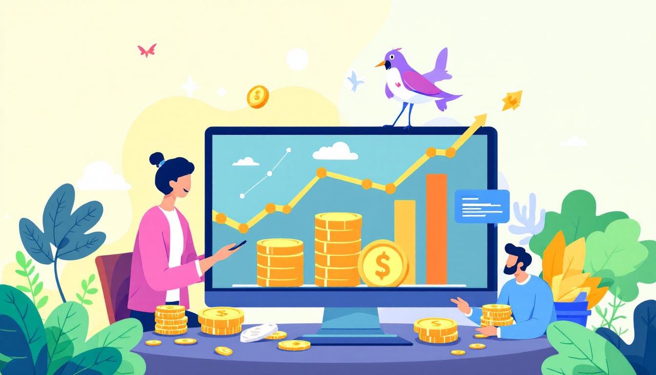 Illustration of micro-investment platforms for entrepreneurs, showing growing cash, charts, and digital wallets in a friendly, optimistic style. Image created with AI.