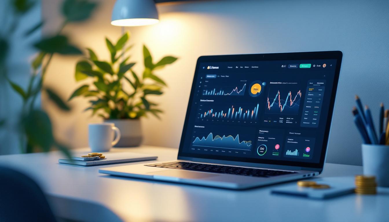 A modern clean desk with a laptop showing an AI-powered finance dashboard, graphs, and coins, soft blue and green tones, professional and approachable. Image created with AI.