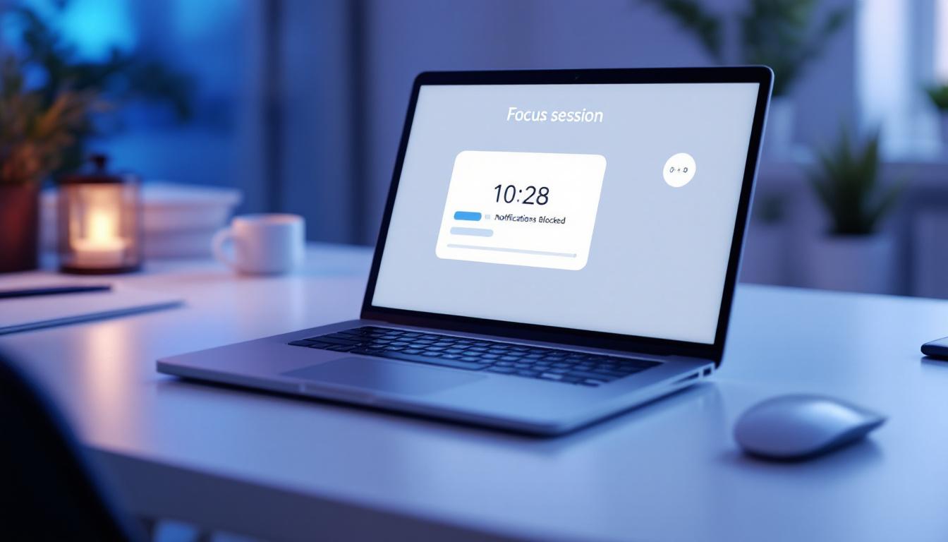 A modern desk with a laptop displaying a focus session timer and blocked notifications, evoking calm efficiency. Image created with AI.