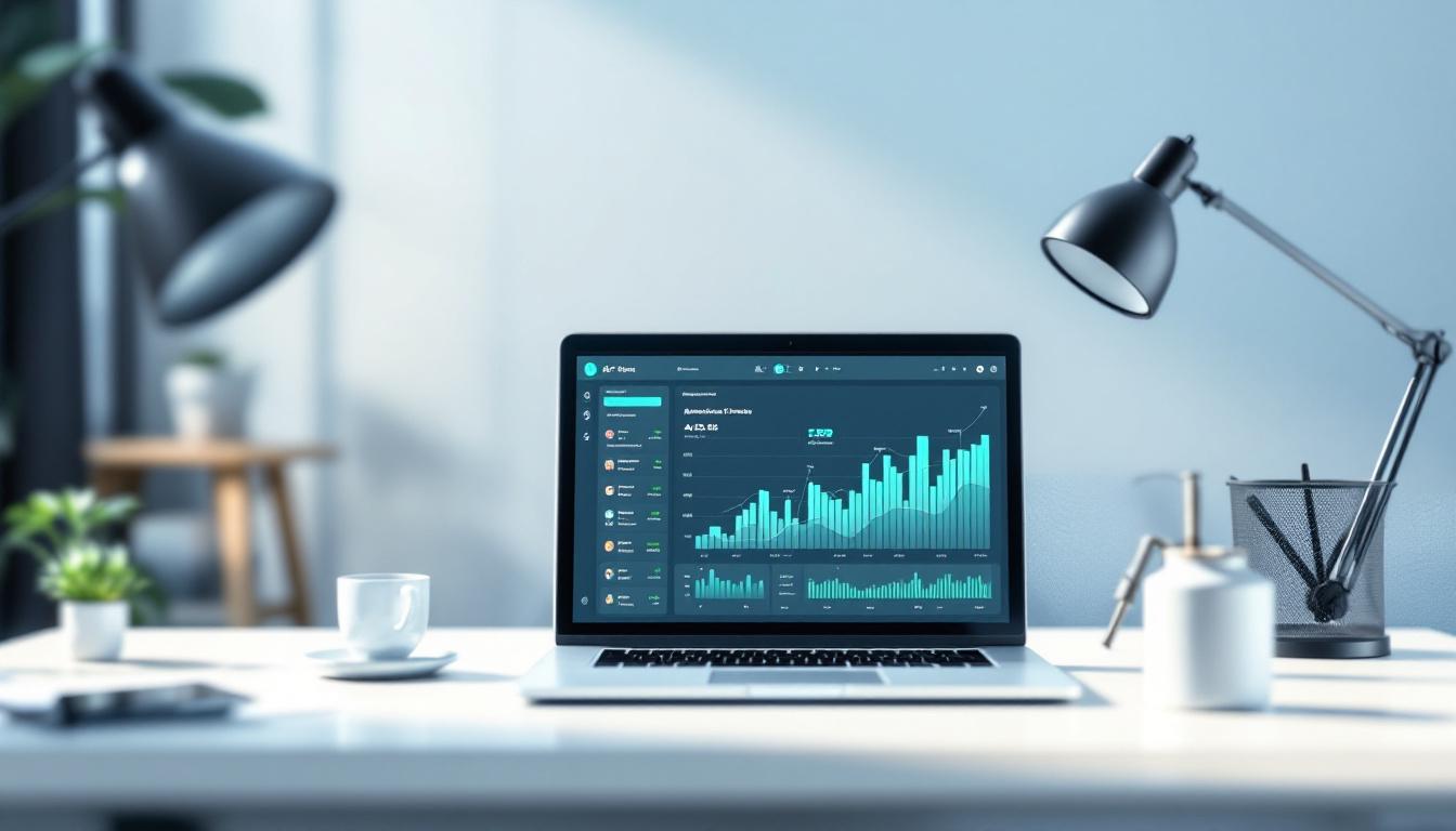 Modern workspace with analytics and AI tools for entrepreneurs. The image shows a clean desk, a laptop with dashboards, and friendly colors. Image created with AI.