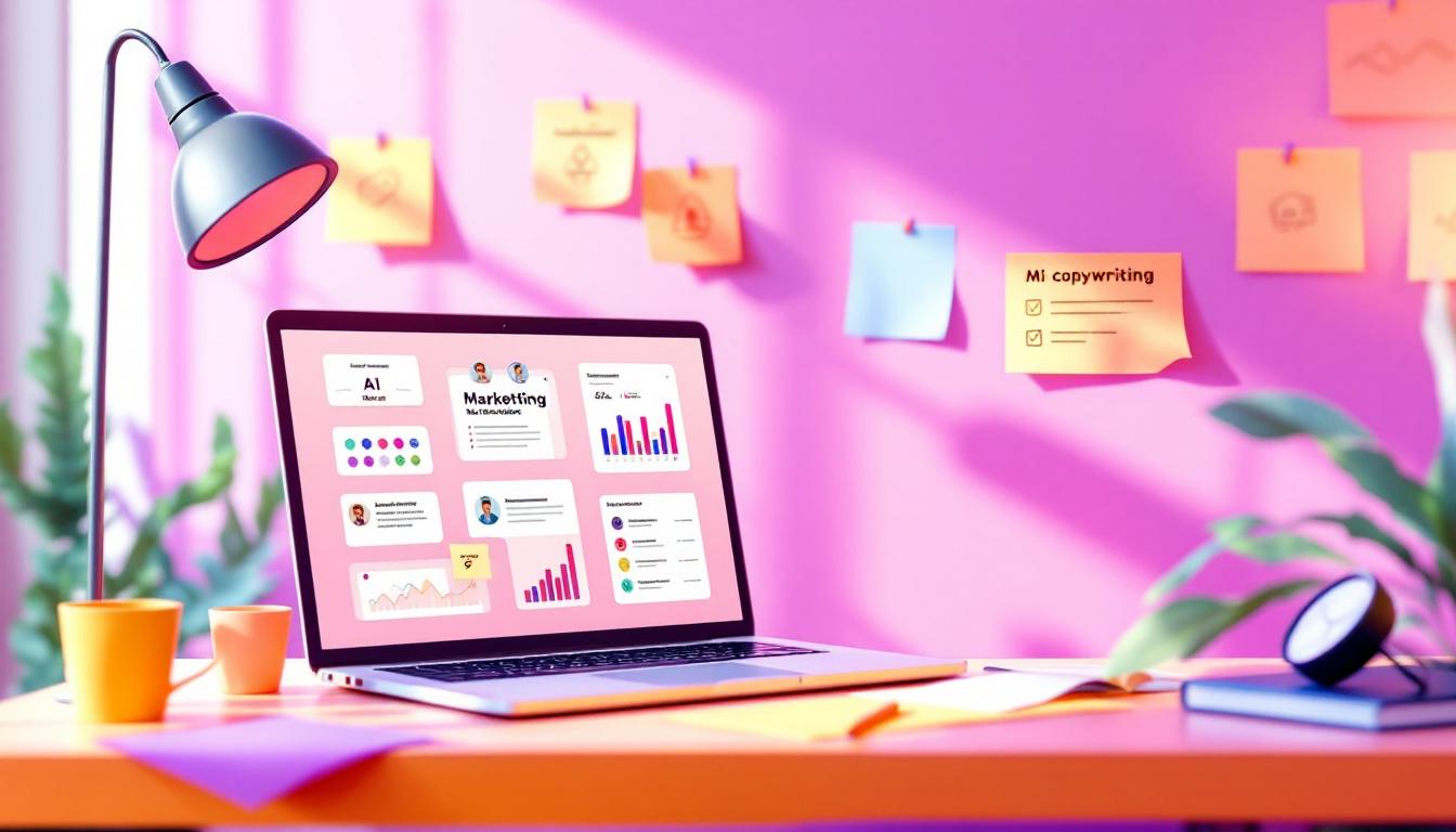 A bright modern workspace illustrating fresh marketing approaches for startups. The scene features a laptop with AI-powered marketing dashboards, colorful sticky notes, and icons for micro-influencers, AI writing, and interactive content. Image created with AI.
