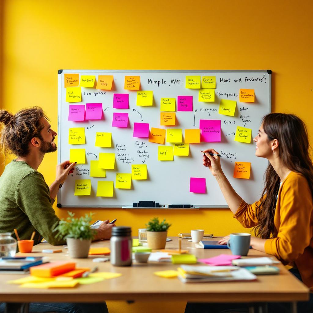 A simple MVP being tested with users, sticky notes, whiteboard, and a feedback loop in a lean startup setup. Image generated by AI.
