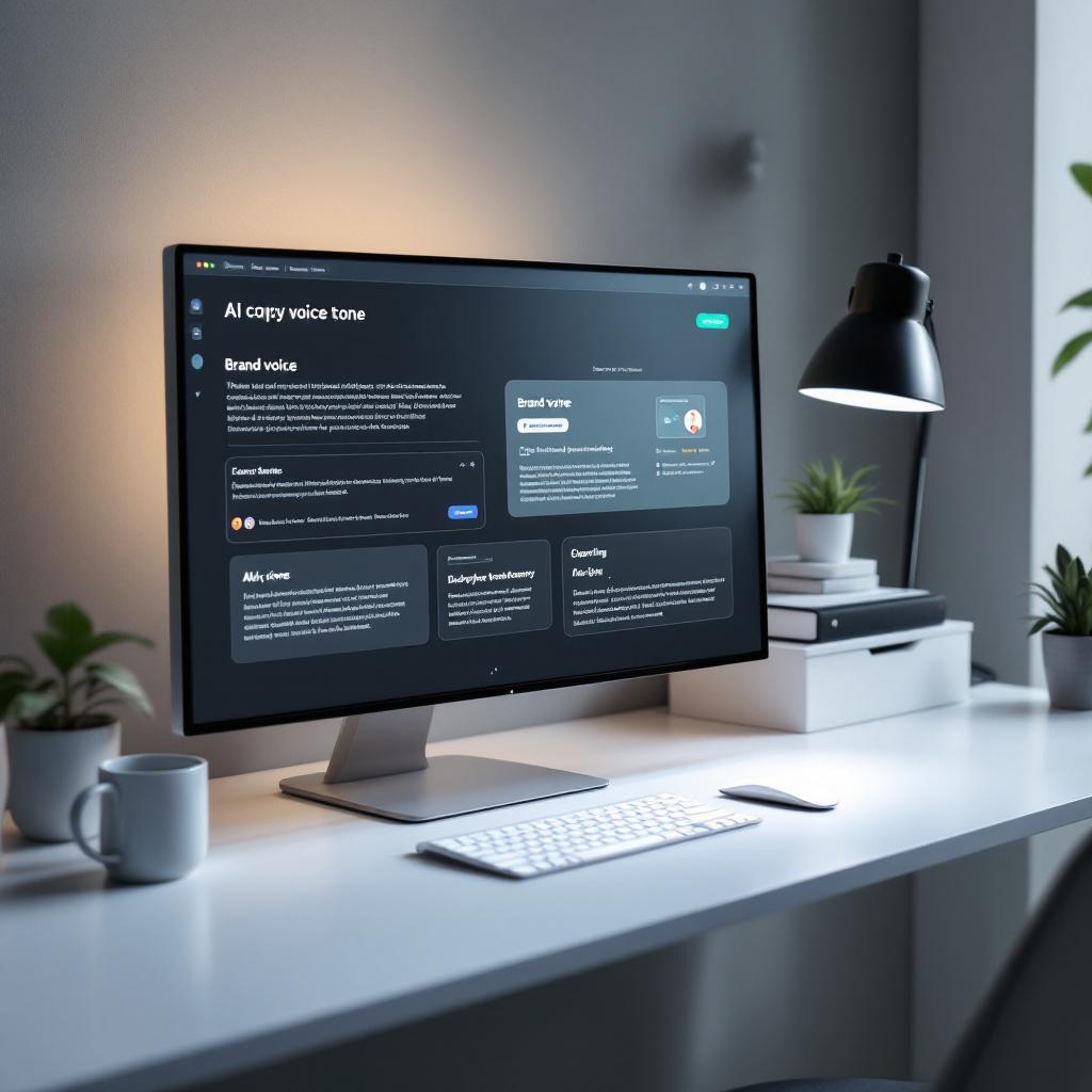A sleek writing desk with an AI copywriting tool shown on a monitor, displaying branded writing tone examples. Clean, modern design. Image created with AI.