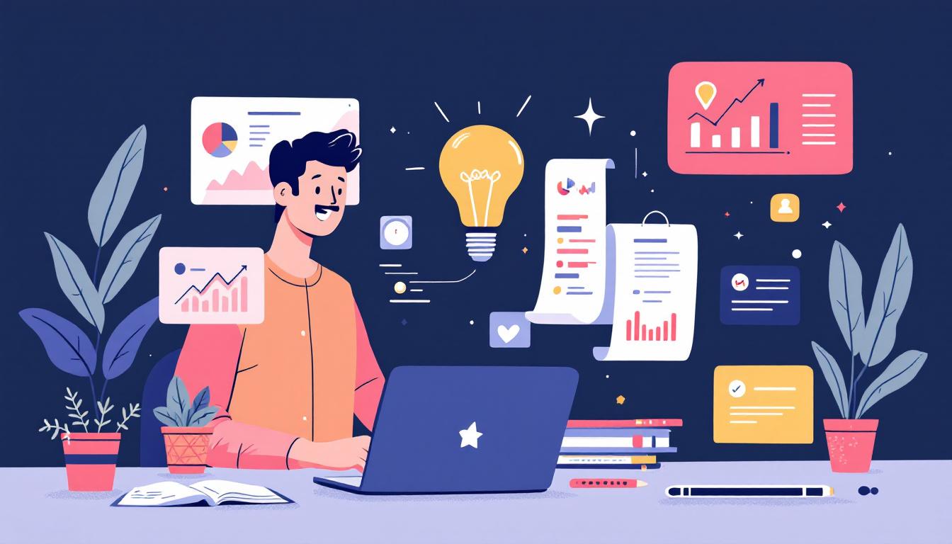 Technopreneurs mistake: A modern illustration showing a technopreneur validating an idea with market research tools, graphs, survey icons, and a prototype sketch. Image created with AI.