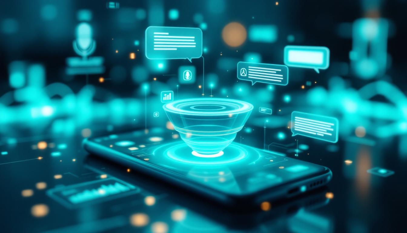 Voice-based shopping and AI chat sales funnel concept, showing a device processing orders with speech bubbles and a clean UI. Image created with AI.