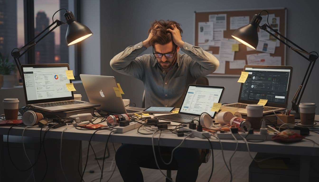 A frustrated professional sits at a cluttered desk surrounded by multiple active laptops, tablets, and tangled cables.