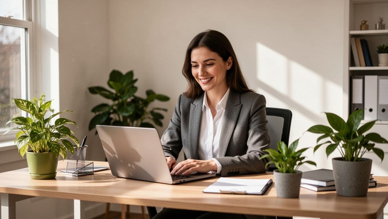 A focused professional works on a laptop in a bright, tidy home office filled with sunlight.