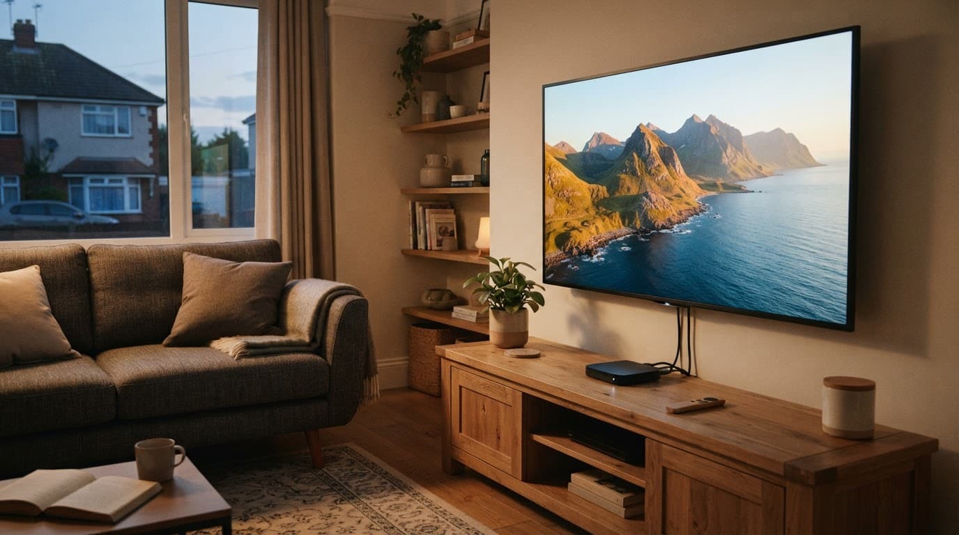 Large TV and streaming box facing a sofa in a tidy living room.