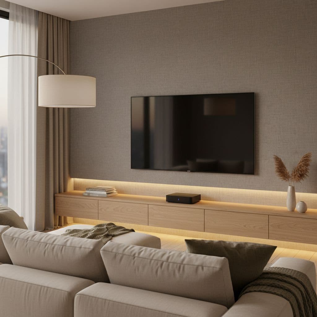 A wall-mounted television sits above a minimalist media console featuring a sleek black IPTV box.