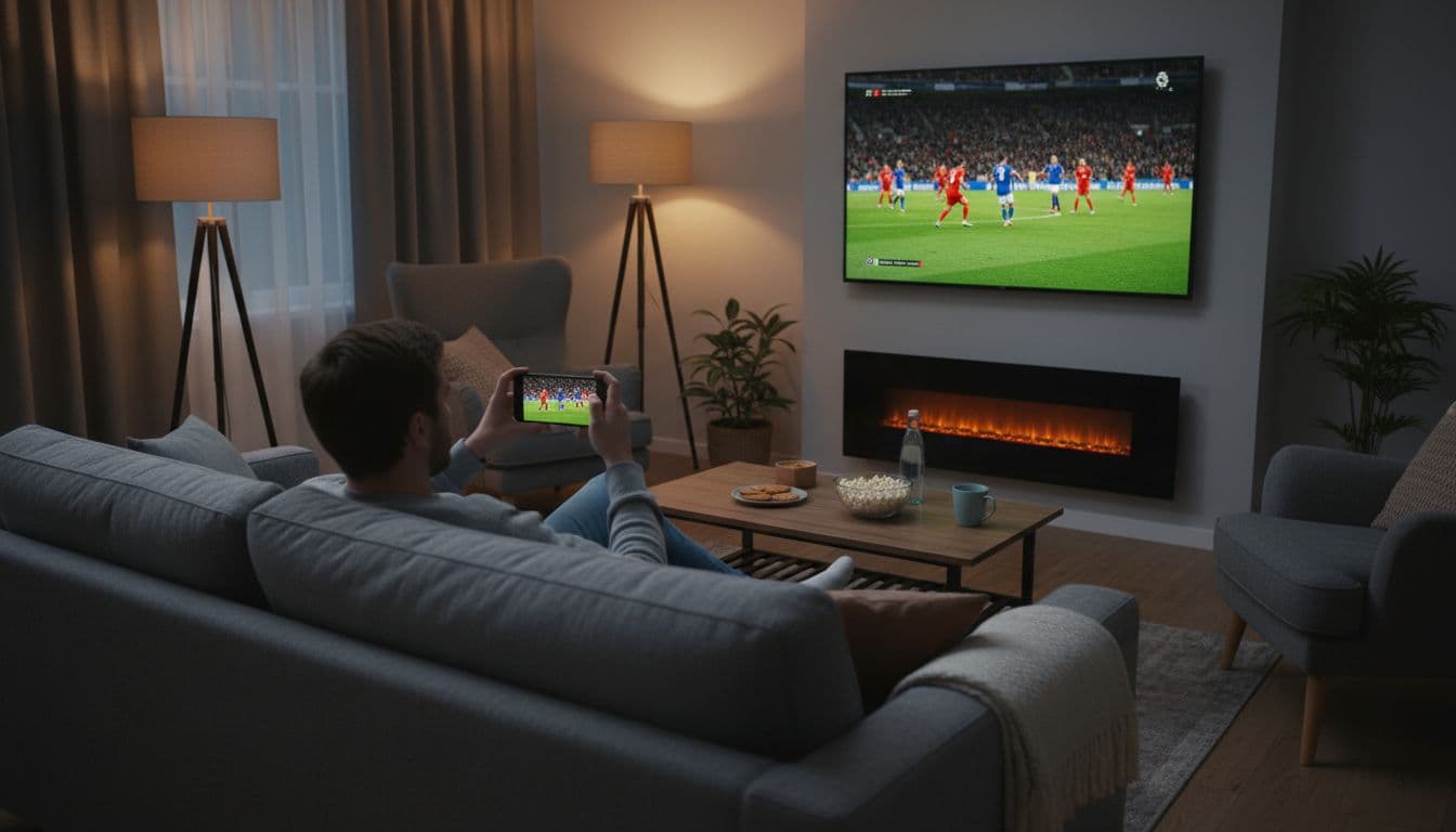 In a cozy evening living room, a relaxed person on the sofa watches a live Premier League football match on a smart TV while streaming it on their smartphone, with snacks on the coffee table and warm ambient lighting.