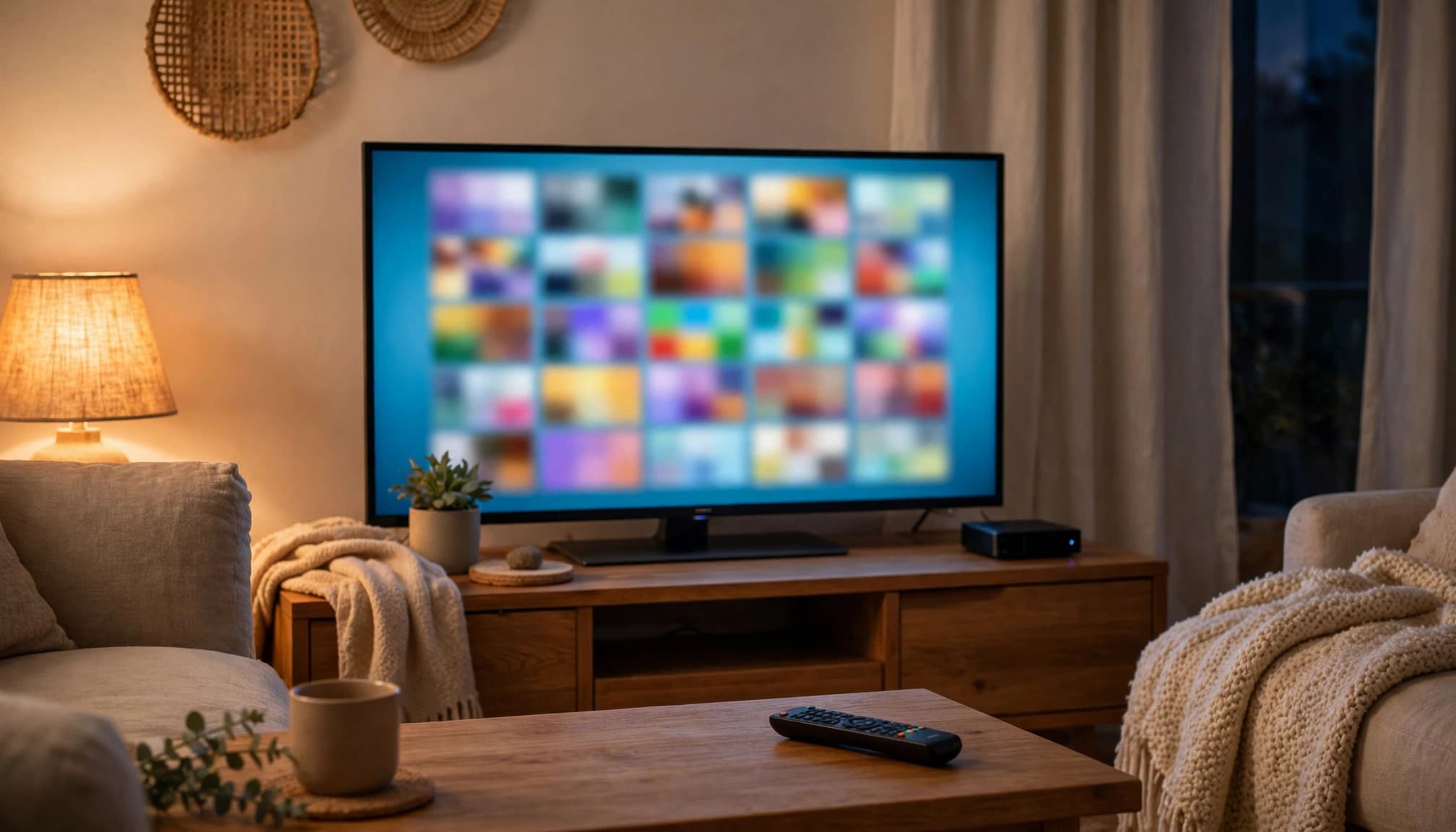 A TV with colorful tiles, a streaming device, and a remote on a side table.