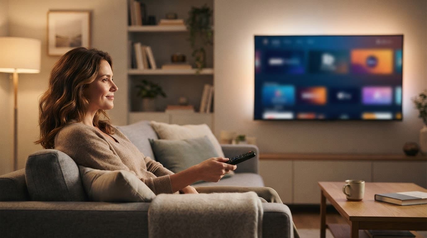 Adult relaxing on a sofa with a remote while watching an abstract TV interface.