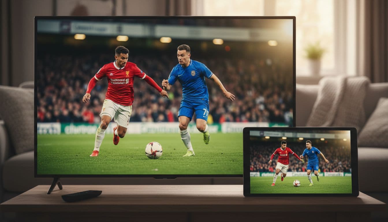 Vibrant high-definition close-up of UK Premier League football match action streaming on smart TV and tablet screens, capturing players sprinting and ball in mid-air during a goal attempt in a cozy room with blurred stadium crowd.
