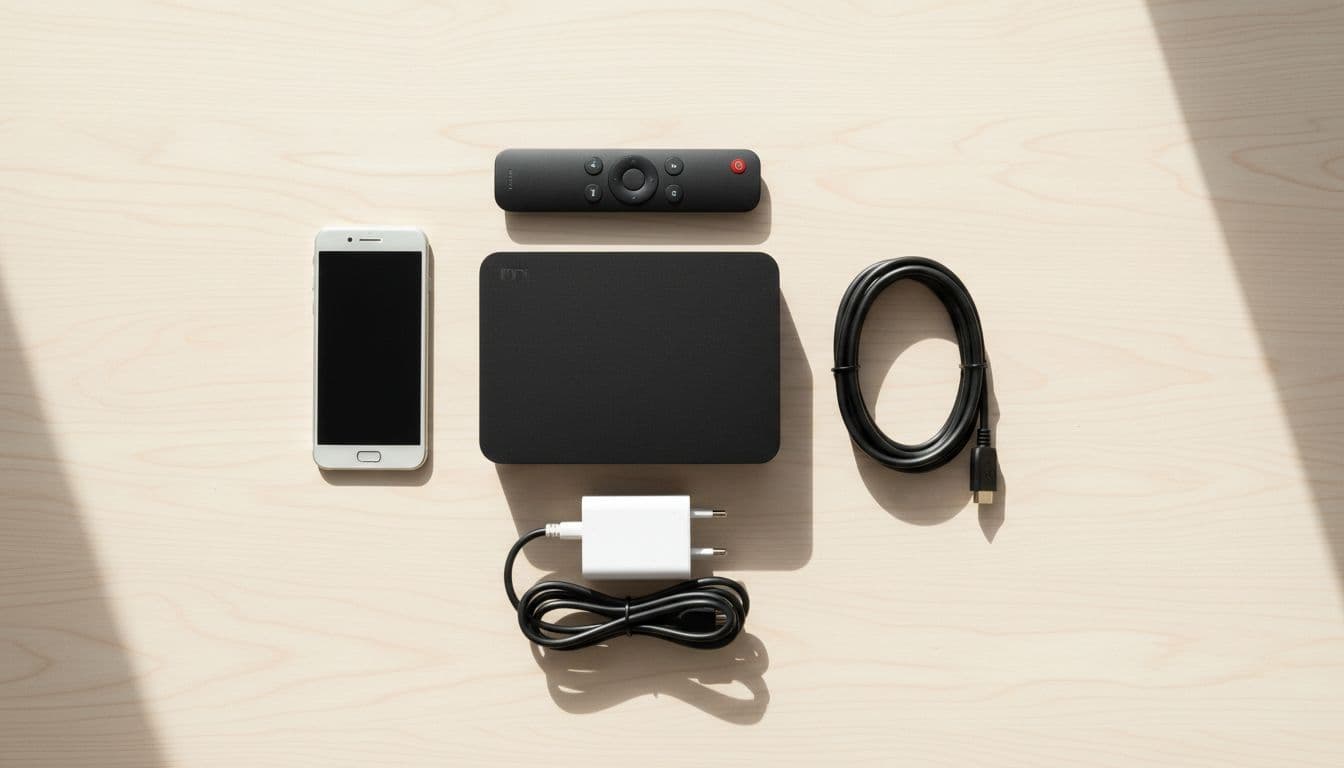 An organized layout of an IPTV box, cables, power adapter, remote, and smartphone on a wooden surface.