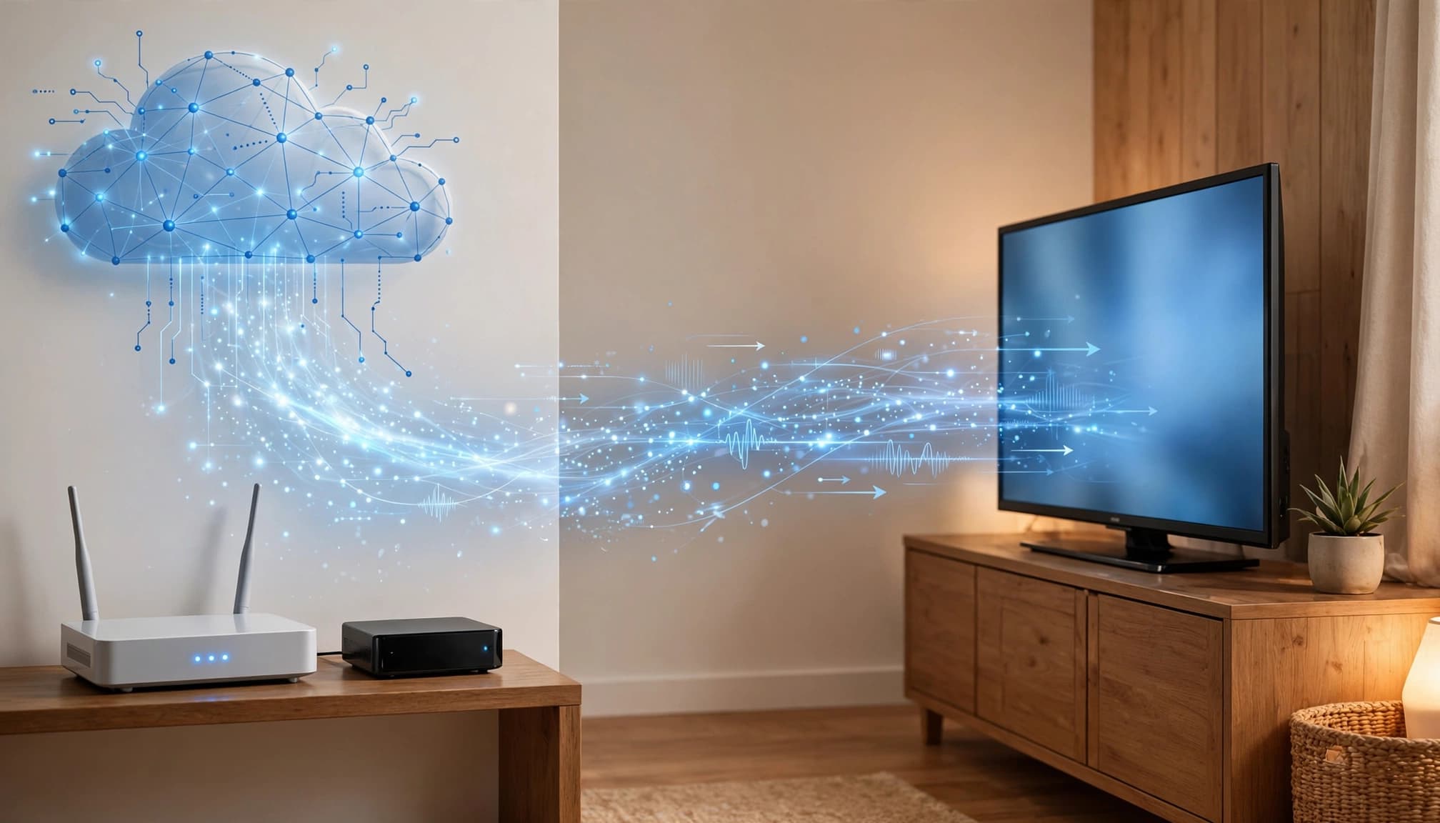 A television receives video signals from a router and cloud network through a streaming device.