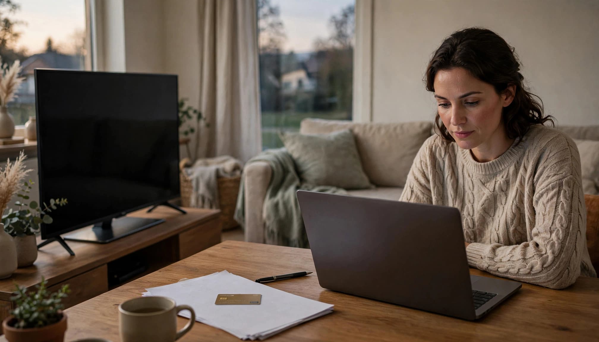 Person checking an IPTV offer on a laptop beside a smart TV with paperwork and a payment card.