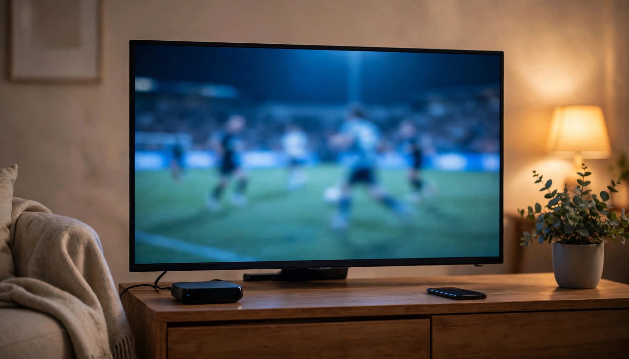 A television showing a sports match with a phone and streaming device nearby.