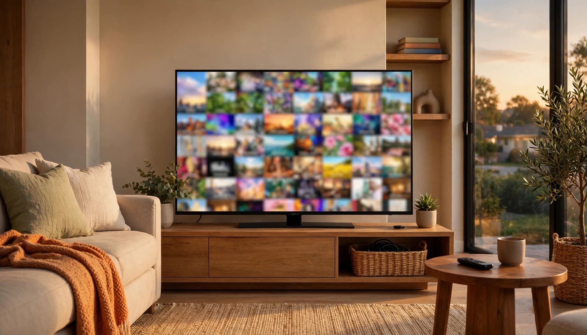 A modern television displaying a colorful mosaic of broadcast thumbnails in a tidy living room.