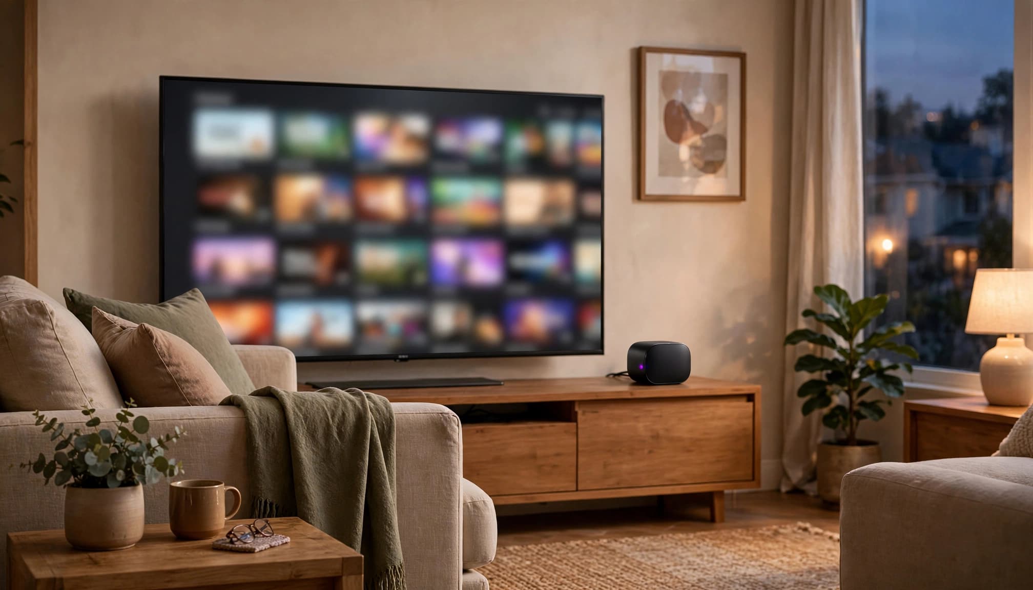 A cozy living room with a TV showing blurred streaming thumbnails and a small device on the TV stand.