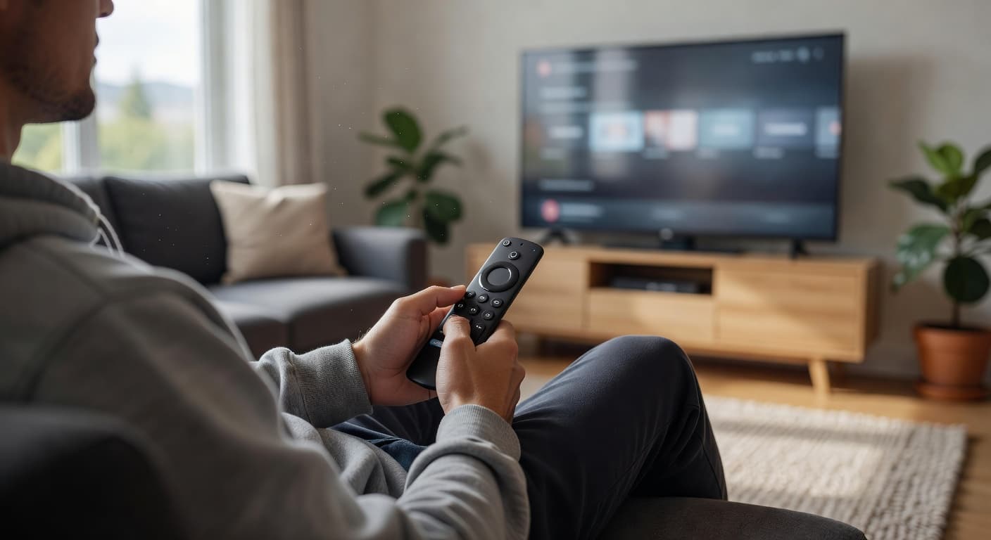 A person grips a compact black streaming remote in their hand. In the background, a television screen displays a generic menu interface blurred under soft, natural light filling the cozy room.