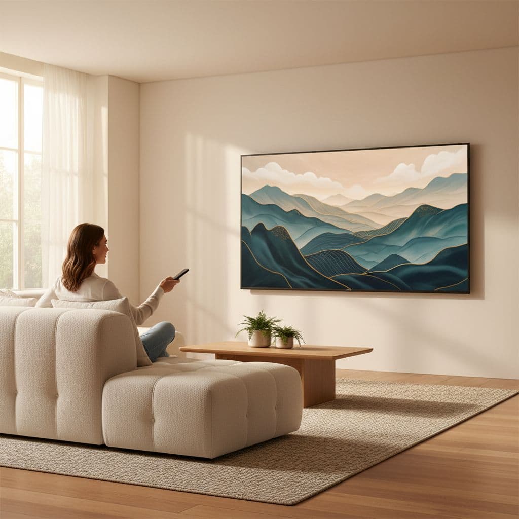 A person sits on a sofa holding a remote while watching a calm landscape on screen.