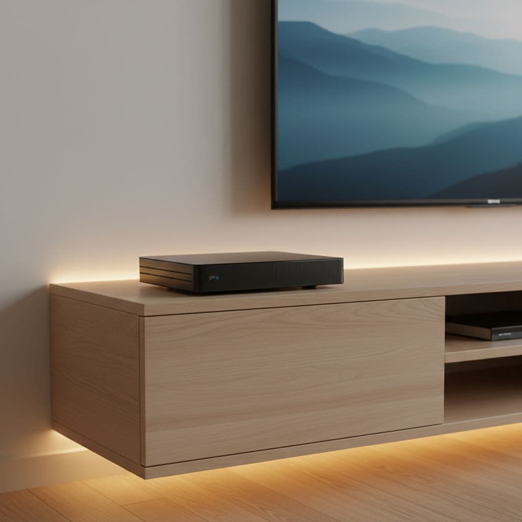 A compact black IPTV device sits on a minimalist wooden media console beside a television.