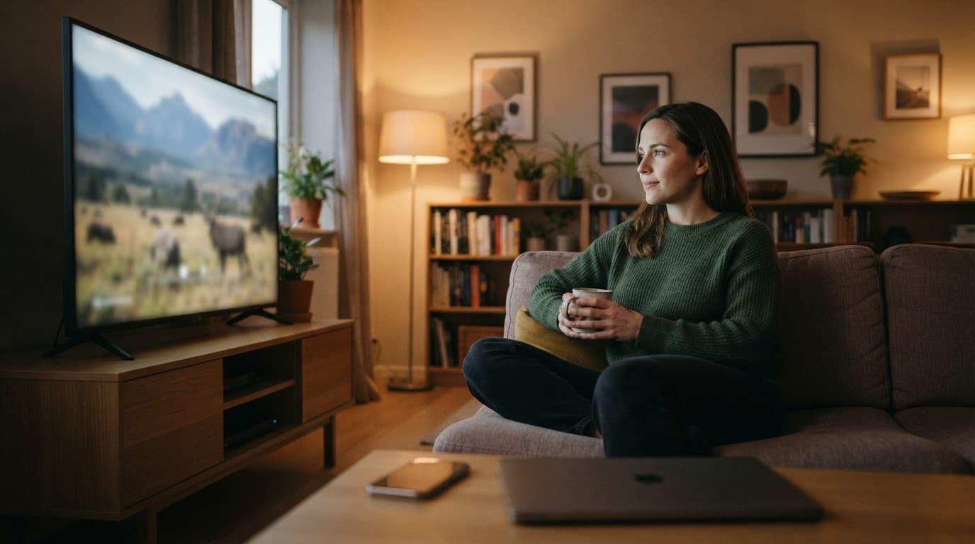 A person watches television at home with a laptop and smartphone nearby.
