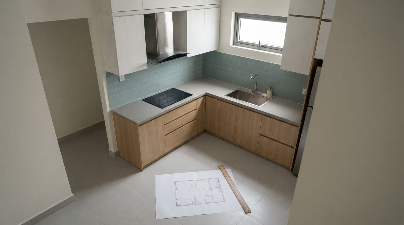 Bếp chữ L nhỏ với cửa vào, cửa sổ, chậu rửa và thước gỗ trên tờ mặt bằng.