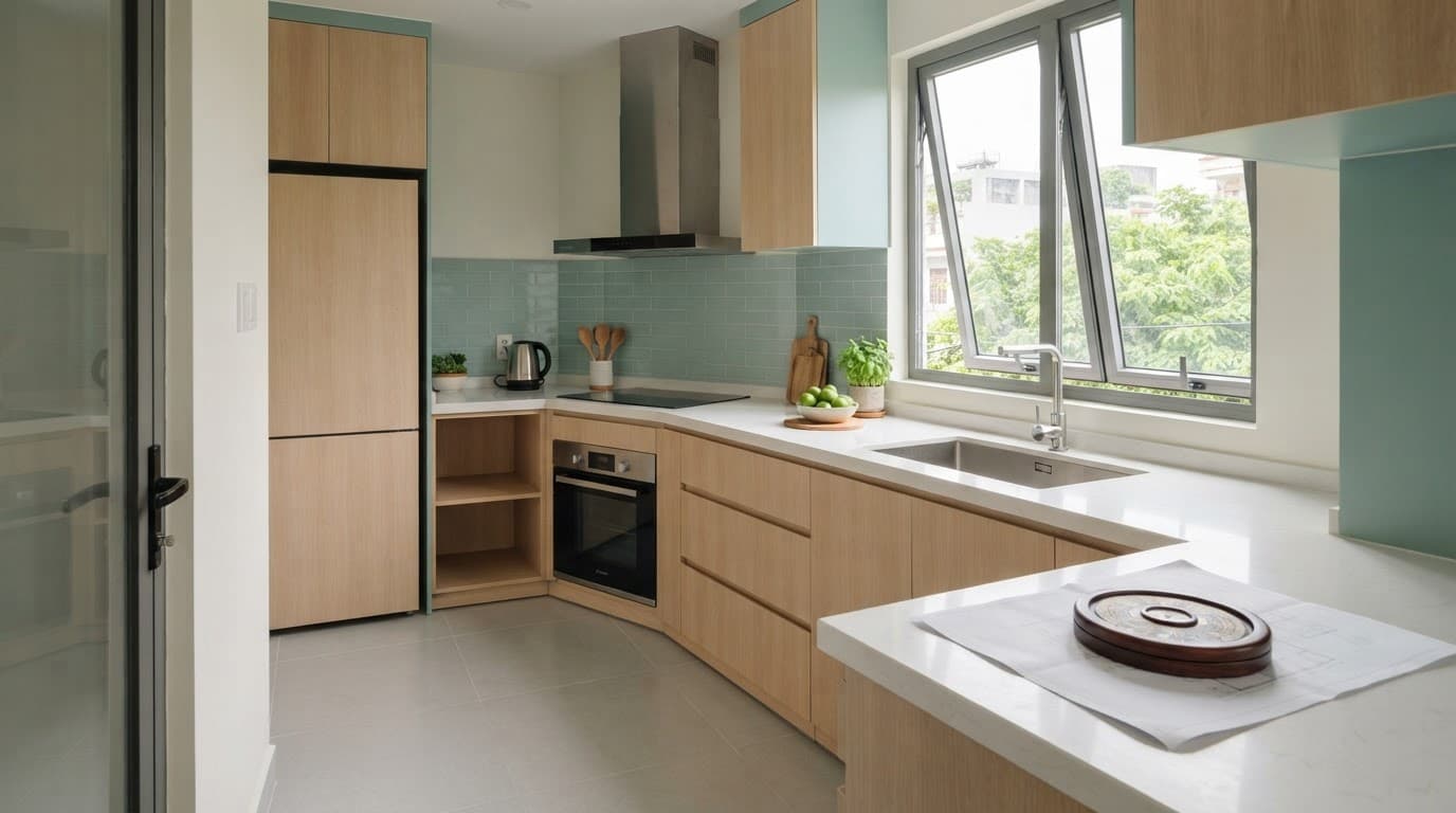 Căn bếp nhỏ có quầy liền mạch, bồn rửa, bếp nấu, tủ lạnh và cửa sổ.