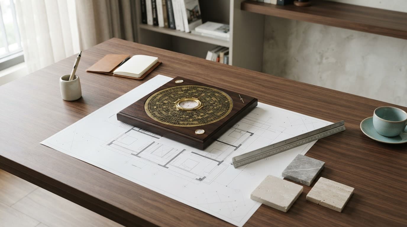 Bàn gỗ có la bàn Lỗ Ban, mặt bằng kiến trúc, thước đo và mẫu đá.