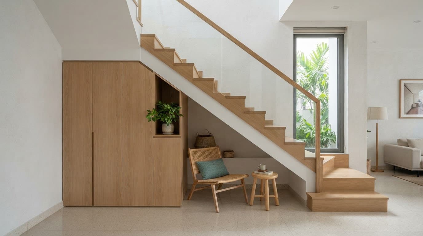 Góc đọc sách dưới cầu thang với tủ kín, ghế đơn và lối đi thông thoáng.