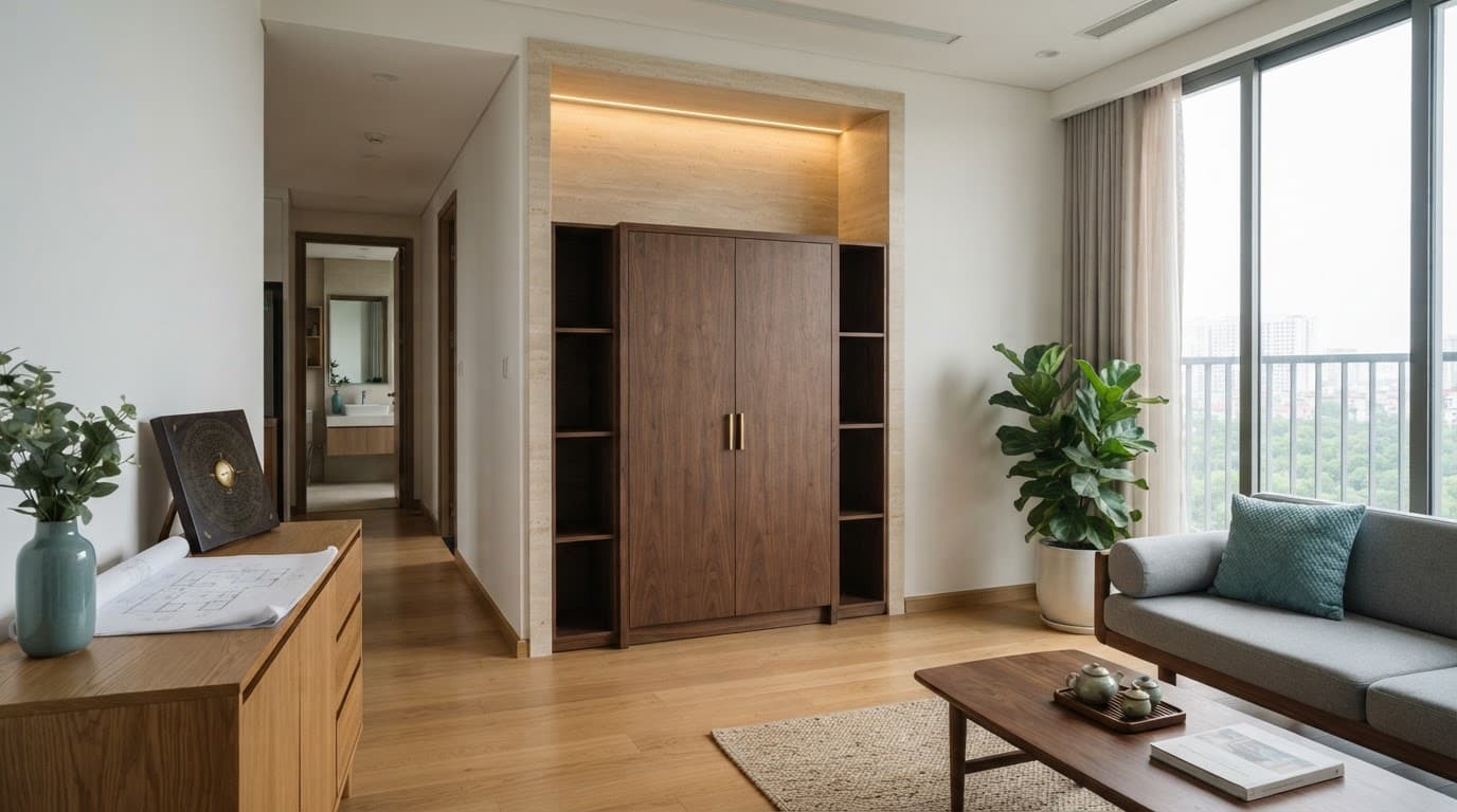 Tủ thờ gỗ đóng kín trong hốc tường phòng khách, cạnh bản vẽ mặt bằng và la bàn gỗ.