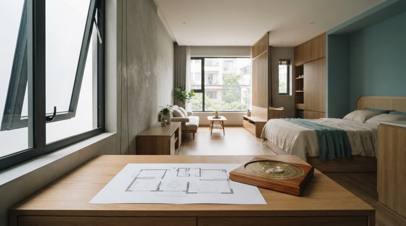 Mặt bằng sàn và la bàn gỗ phía trước phòng ngủ, khu sinh hoạt sáng thoáng.