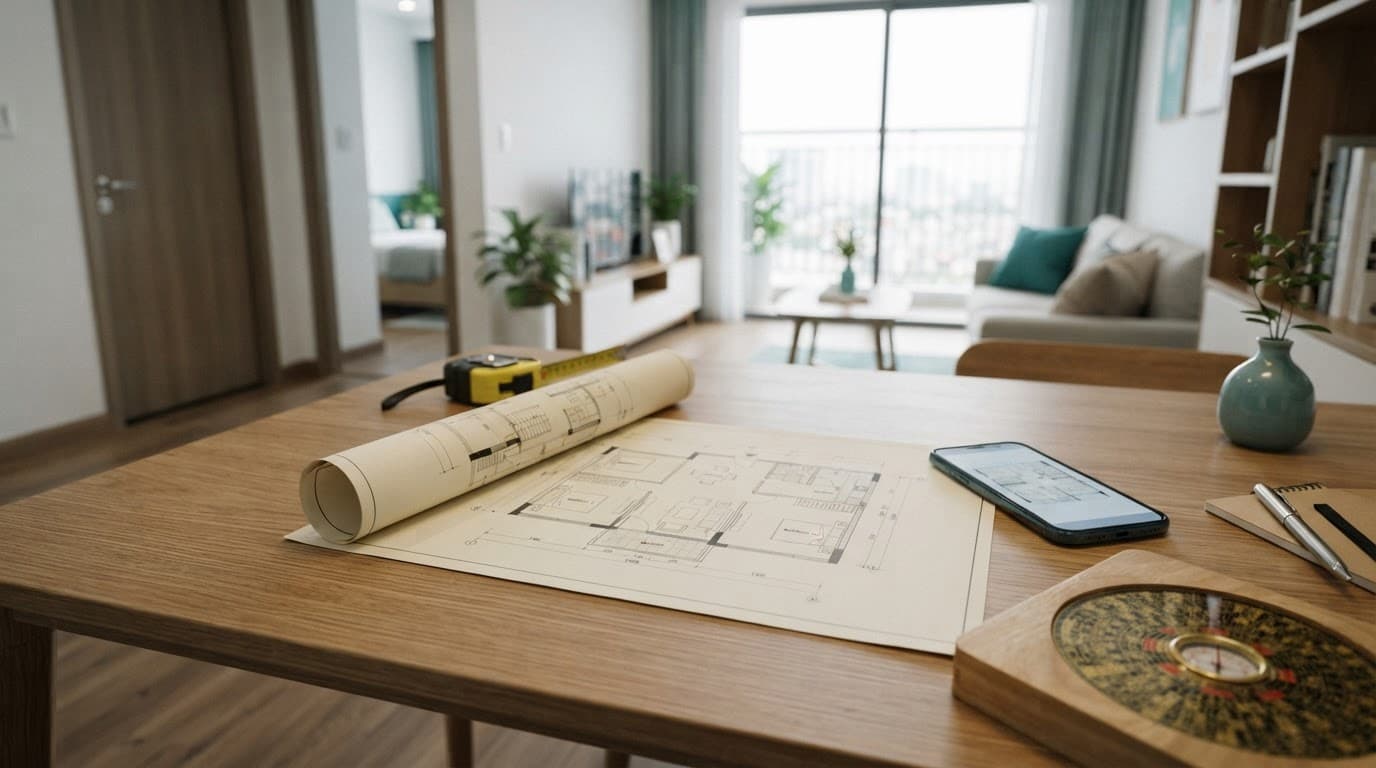 Bản vẽ căn hộ, thước dây, điện thoại và la bàn gỗ trên bàn cạnh phòng khách.