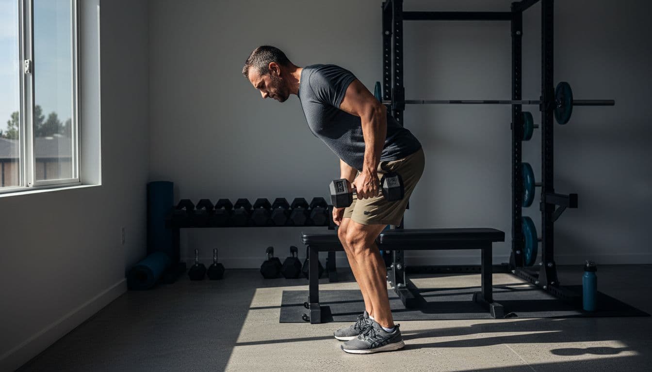 A relatable 45-55 year old man in a simple home gym performs a moderate-weight dumbbell row with proper form, captured in standing side profile under natural window light with high contrast shadows.