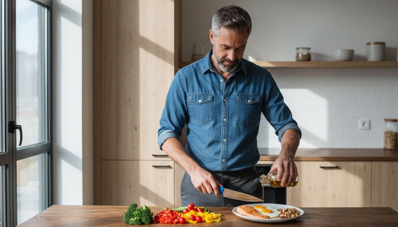A relatable 45-55 year old man in a bright modern kitchen arranges grilled fish, eggs, chopped vegetables, nuts, and olive oil on a plate, emphasizing energy and discipline.