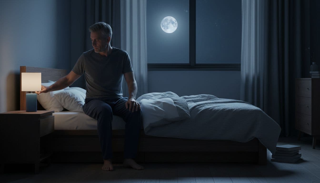 A relaxed man in his 40s sits on the bed's edge in a cozy nighttime bedroom, turning off the bedside lamp as moonlight creates high-contrast shadows. This editorial-style image emphasizes a simple bedtime routine for recovery, discipline, and hormone support.