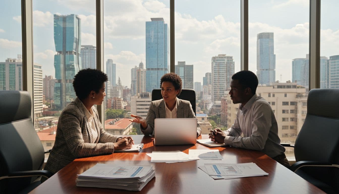 Modern conference room in an African city with skyline view through large windows, featuring exactly three diverse professionals in business casual attire seated at a wooden table reviewing printed insurance policy documents and a laptop, one gesturing toward papers in a collaborative atmosphere with warm natural daylight.