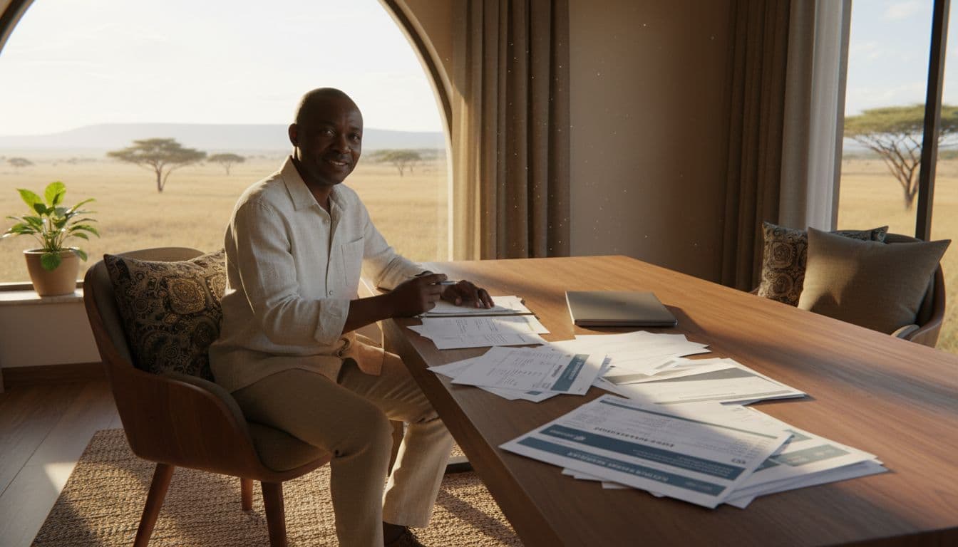 A middle-aged person sits comfortably at a wooden desk in a cozy home office in Africa, reviewing printed insurance quotes with handwritten comparison notes spread out next to a closed laptop. Soft morning light streams through the window, offering a view of the African landscape, in a photorealistic style.