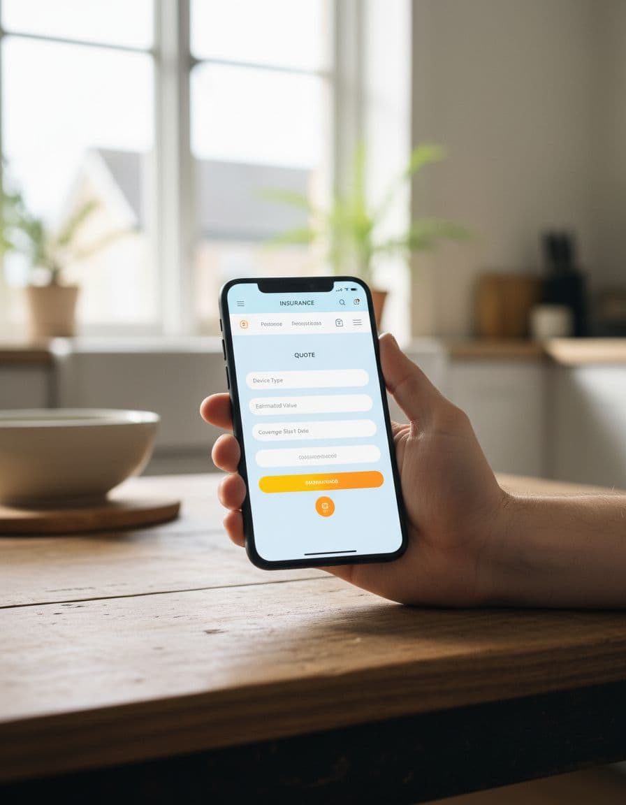 Hand holds smartphone on wooden table in sunny kitchen, displaying clean mobile insurance site with quote form and bright buttons.