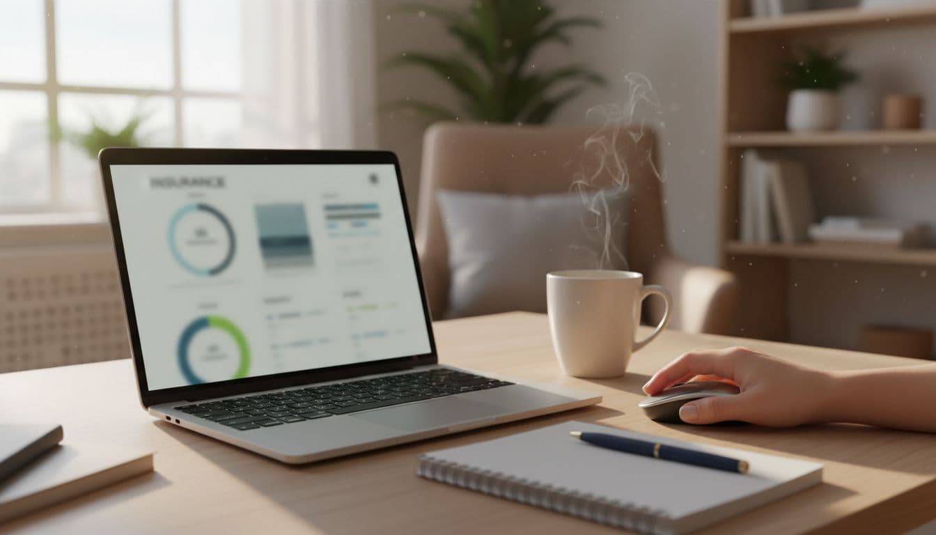 Open laptop on desk shows blurred insurance dashboard, coffee mug, notebook nearby, relaxed hand on mouse.