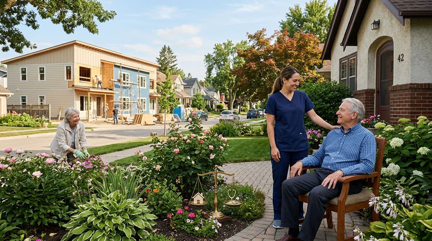 New affordable housing under construction in a suburban neighborhood, with a home-based caregiver assisting one senior in the front yard and a subtle medical cost balance scale in the foreground garden, realistic photo with natural daylight.