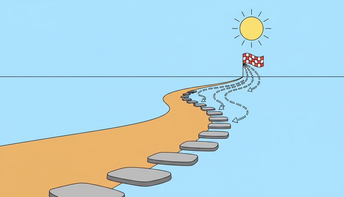 A simple sunny trail leads to a finish line flag, with backward arrows pointing from the end to unlabeled stepping stones, in flat illustrative design.