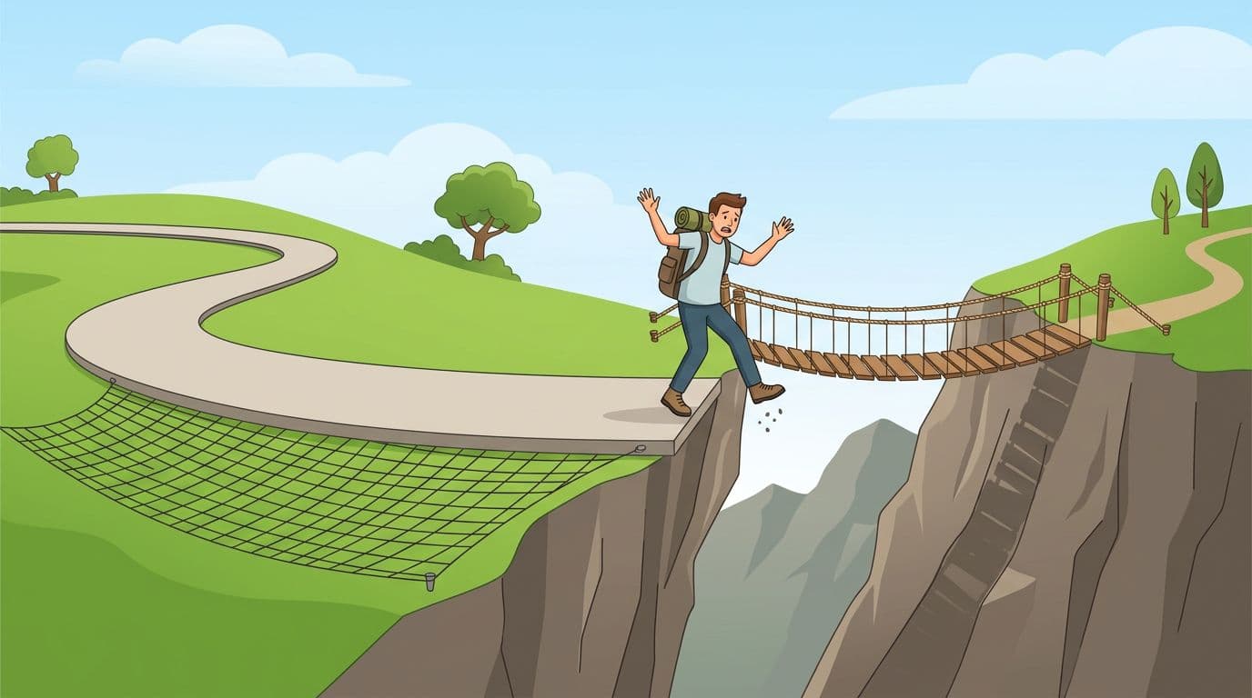 Illustrative metaphor of a benefit cliff featuring a hiker on a safe wide path with support net at low earnings, suddenly dropping steeply as earnings rise, teetering with an alternative bridge path nearby in a clear daytime landscape.