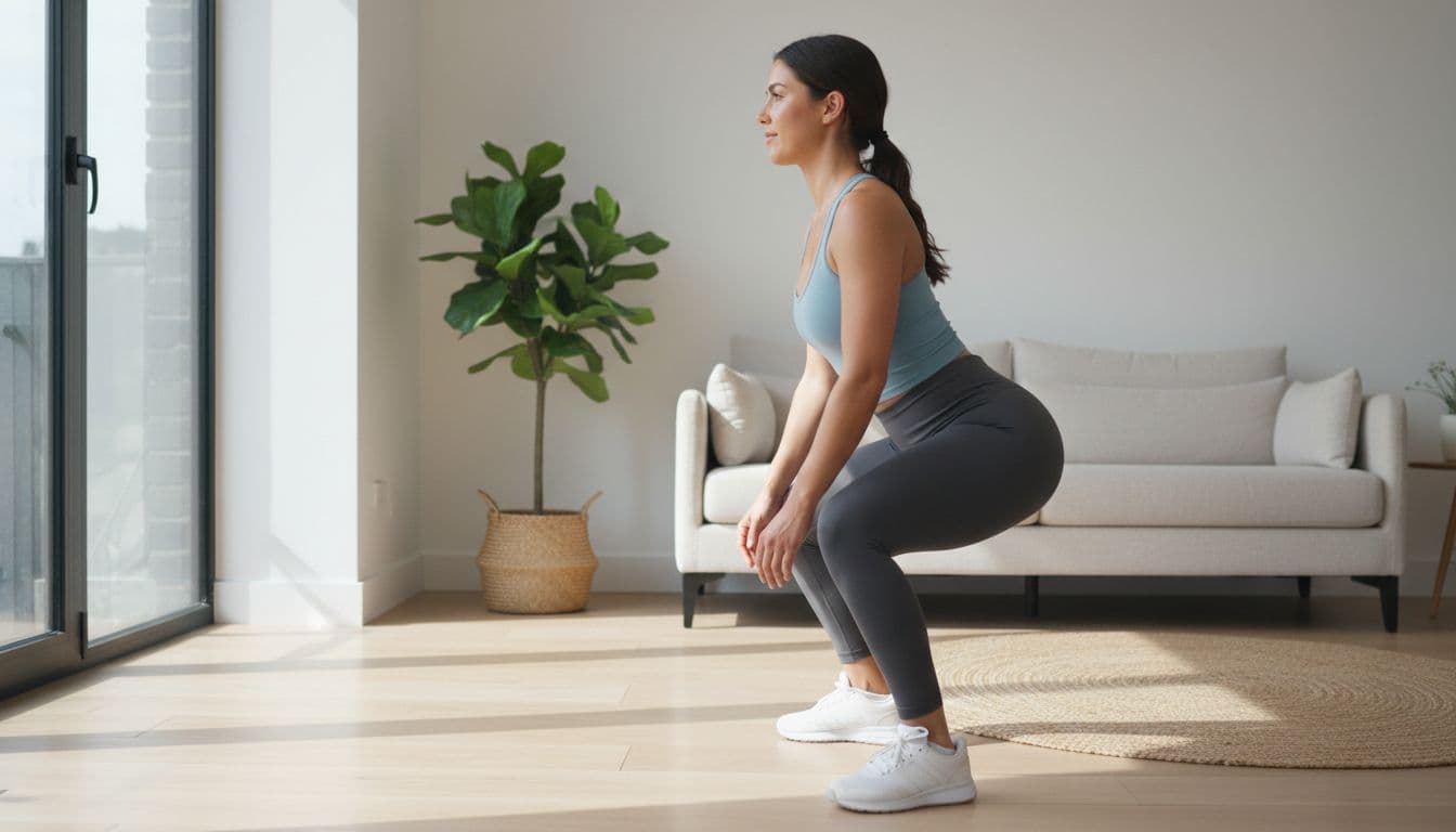 A single person in athletic wear performs simple bodyweight squats in a living room, feet shoulder-width apart mid-motion, focused calm expression, natural window light, wooden floor, minimal furniture, realistic photo from side view.