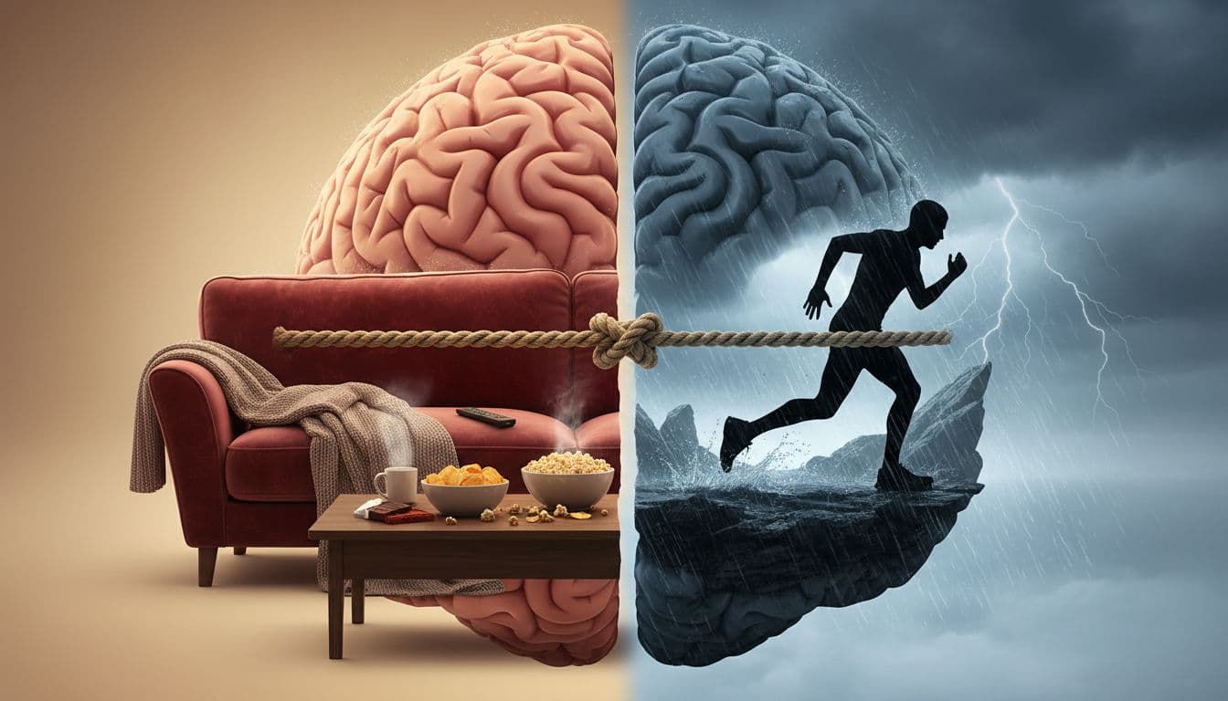 Realistic illustration of a human brain divided into two halves—one with a cozy couch and snacks symbolizing comfort, the other with a runner pushing through rain symbolizing effort—connected by a central tug-of-war rope under dramatic lighting.