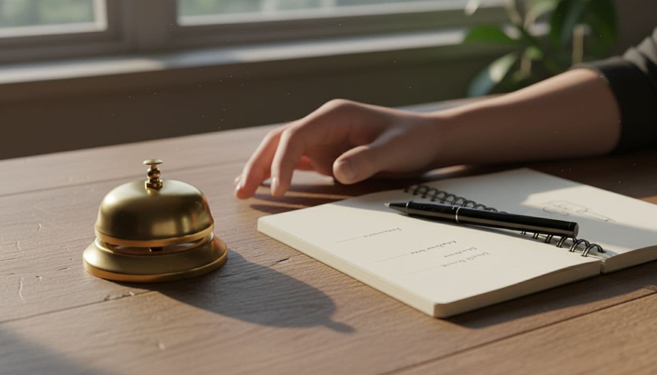 Small brass desk bell on wooden workspace desk next to open notebook and pen, relaxed hand nearby not touching, warm morning light from window, photorealistic cozy atmosphere.