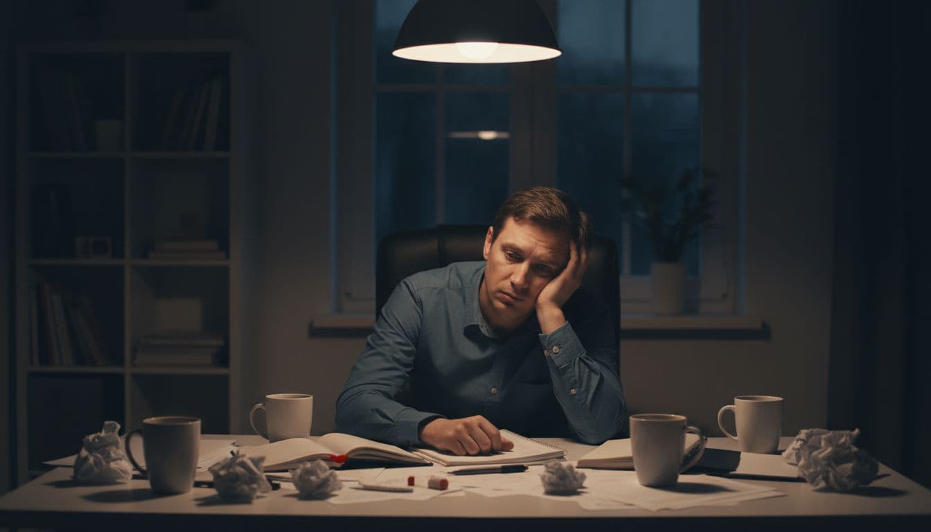 A single tired adult slumps at a home office desk with slumped shoulders and weary expression, surrounded by empty coffee mugs, scattered papers, and dim late evening light casting shadows.