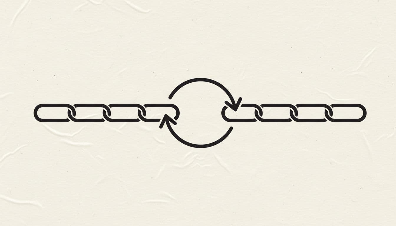 Unbroken chain with one gap bridged by a smooth looping arrow indicating return, minimalist illustration on subtle textured paper background, neutral lighting, clean line art style, no text, no people, no colors, high contrast lines.
